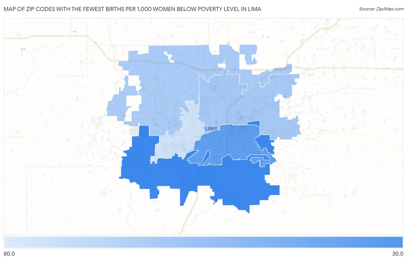 Zip Codes with the Fewest Births per 1,000 Women Below Poverty Level in Lima Map