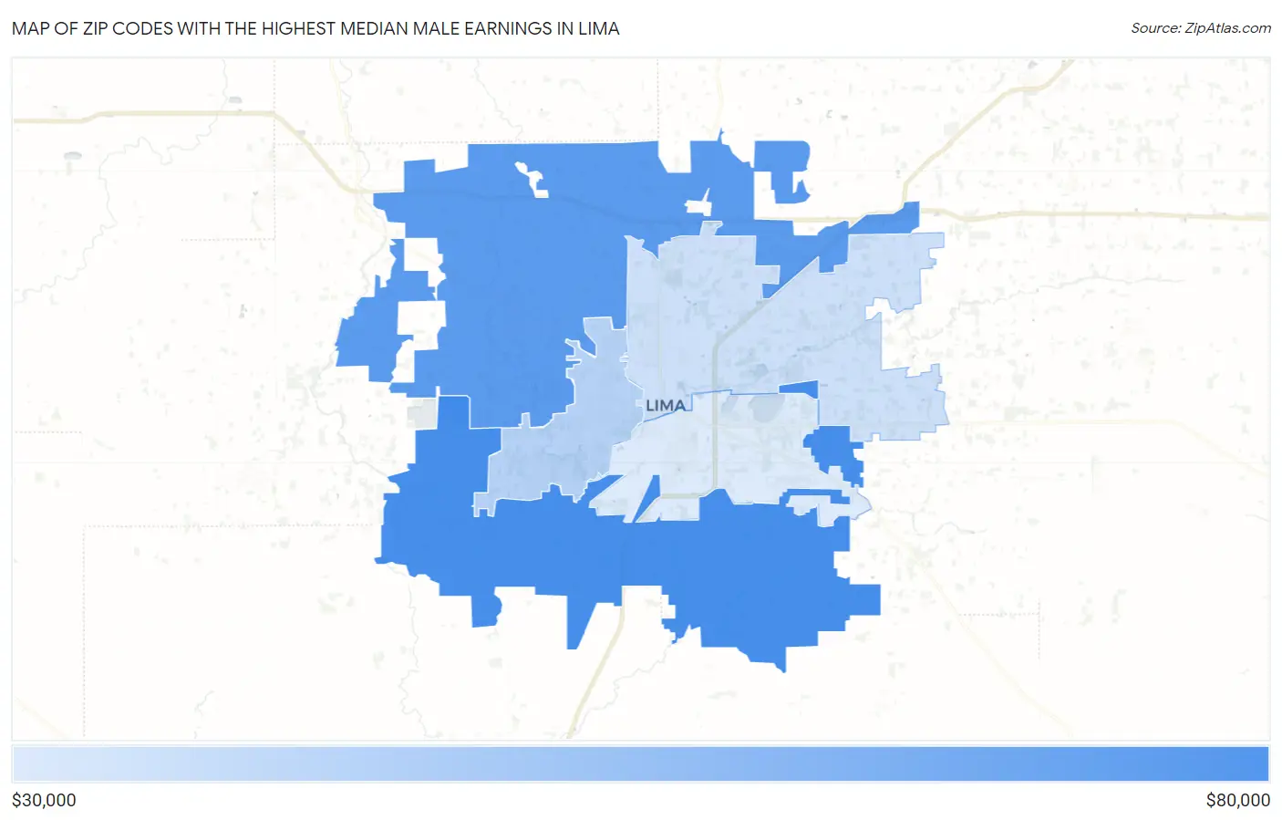 Zip Codes with the Highest Median Male Earnings in Lima Map
