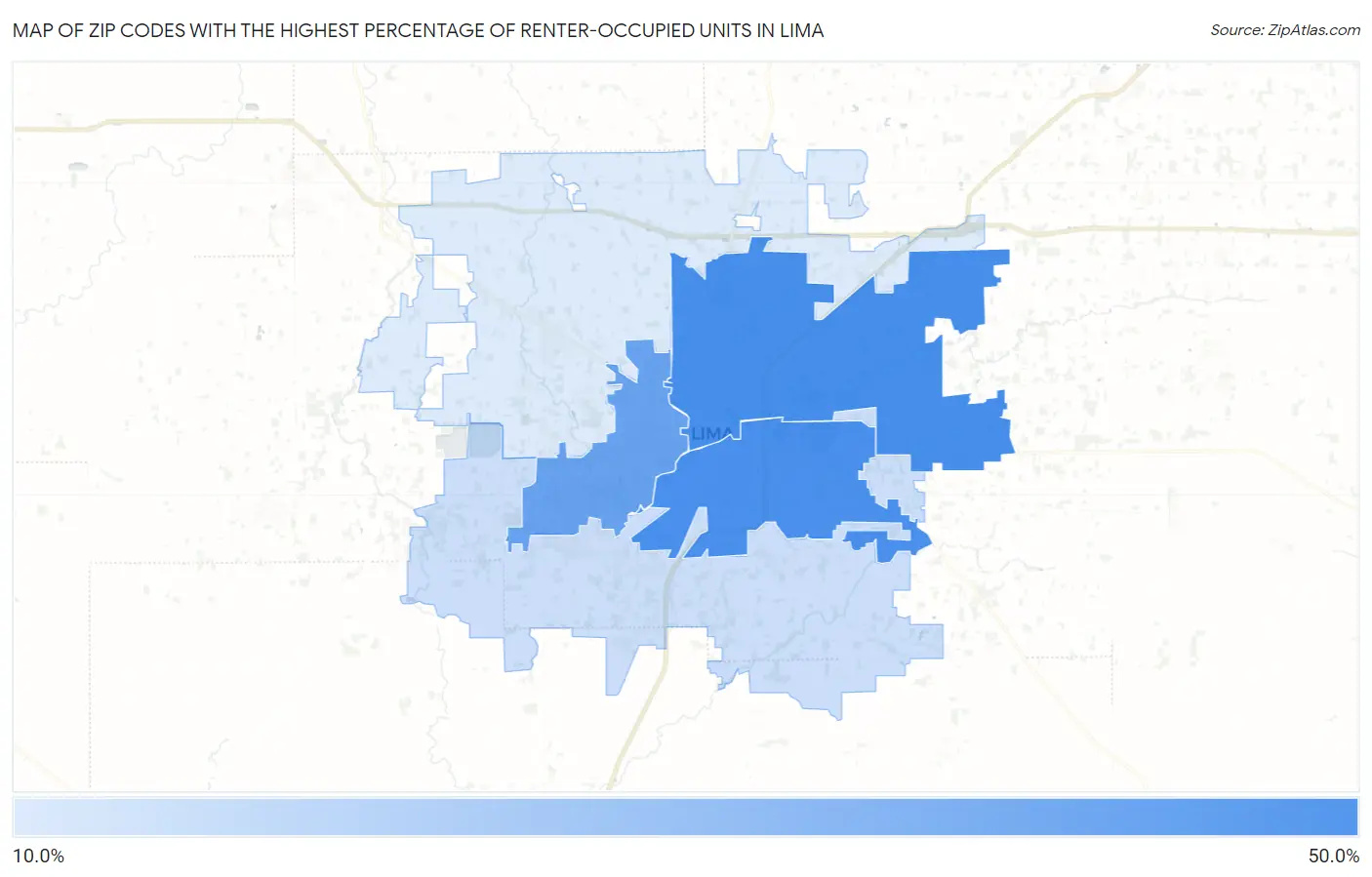 Zip Codes with the Highest Percentage of Renter-Occupied Units in Lima Map
