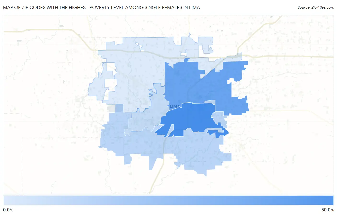Zip Codes with the Highest Poverty Level Among Single Females in Lima Map