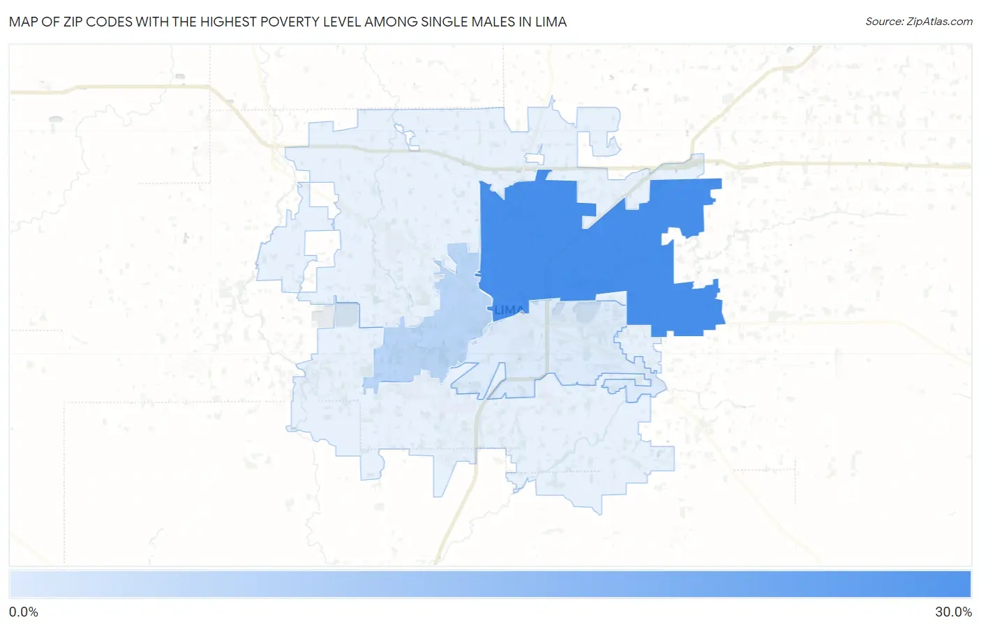 Zip Codes with the Highest Poverty Level Among Single Males in Lima Map