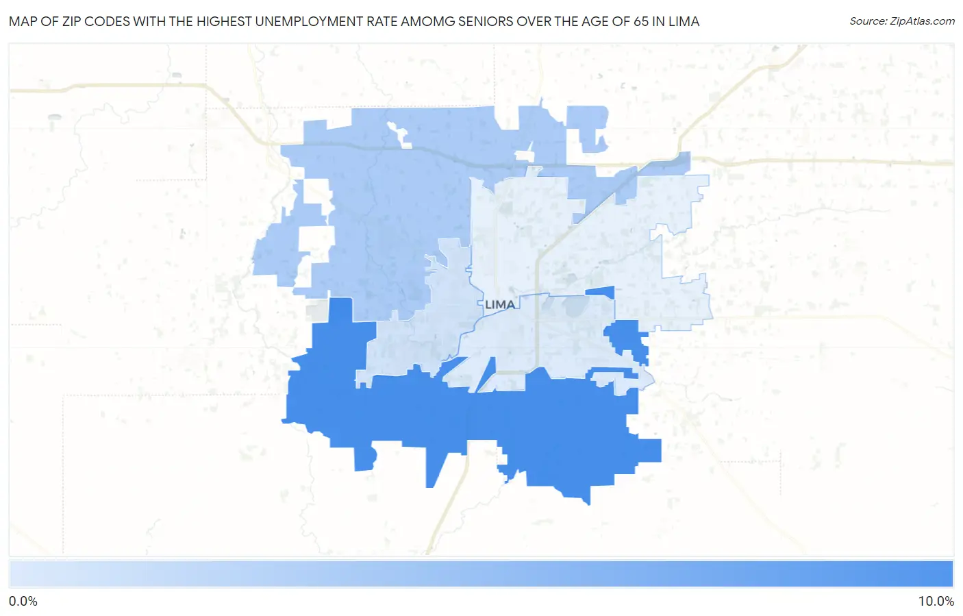 Zip Codes with the Highest Unemployment Rate Amomg Seniors Over the Age of 65 in Lima Map