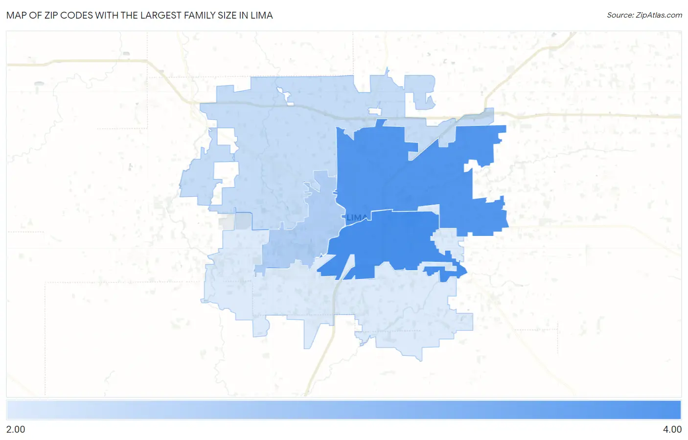 Zip Codes with the Largest Family Size in Lima Map