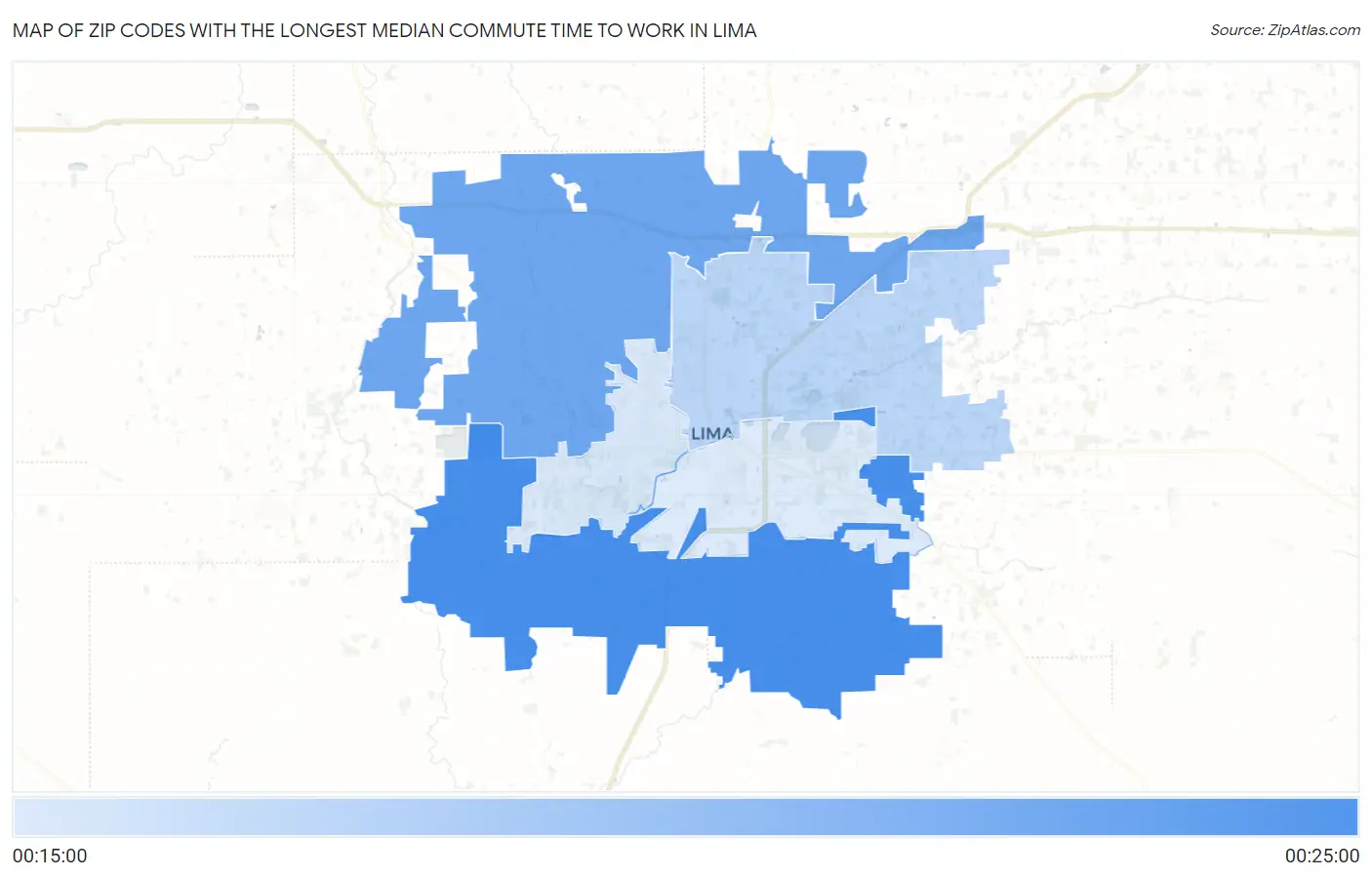Zip Codes with the Longest Median Commute Time to Work in Lima Map