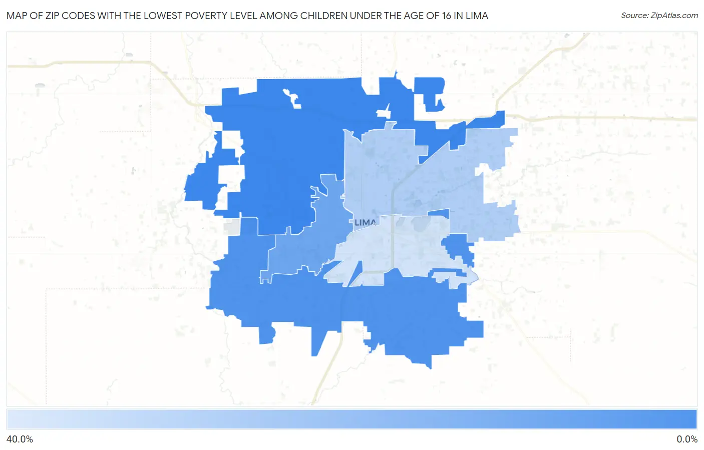 Zip Codes with the Lowest Poverty Level Among Children Under the Age of 16 in Lima Map