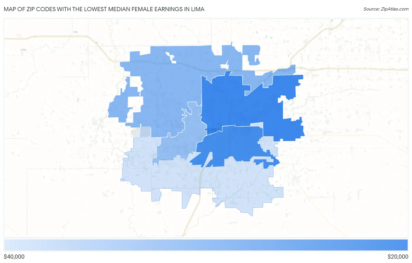 Zip Codes with the Lowest Median Female Earnings in Lima Map