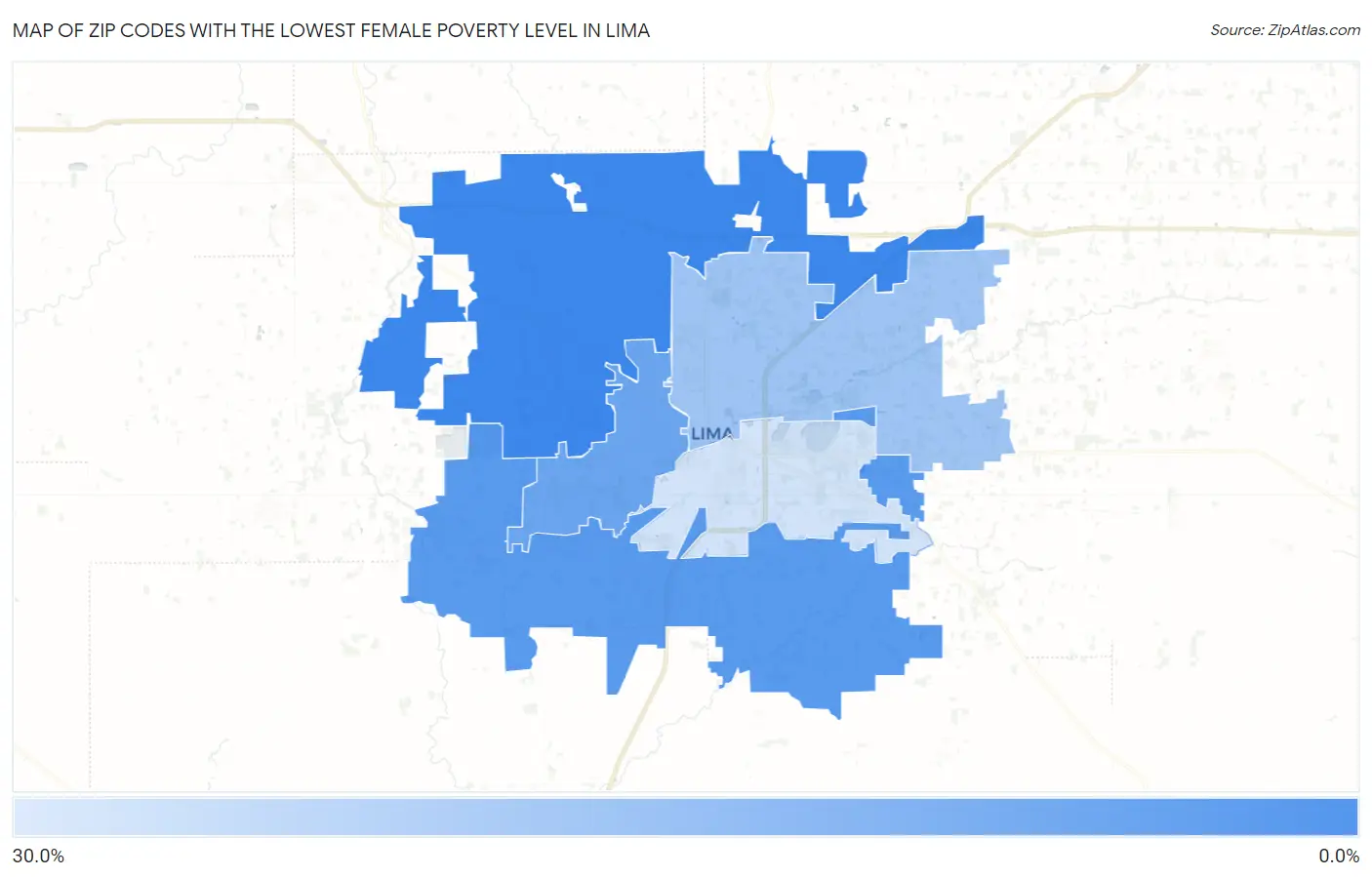 Zip Codes with the Lowest Female Poverty Level in Lima Map