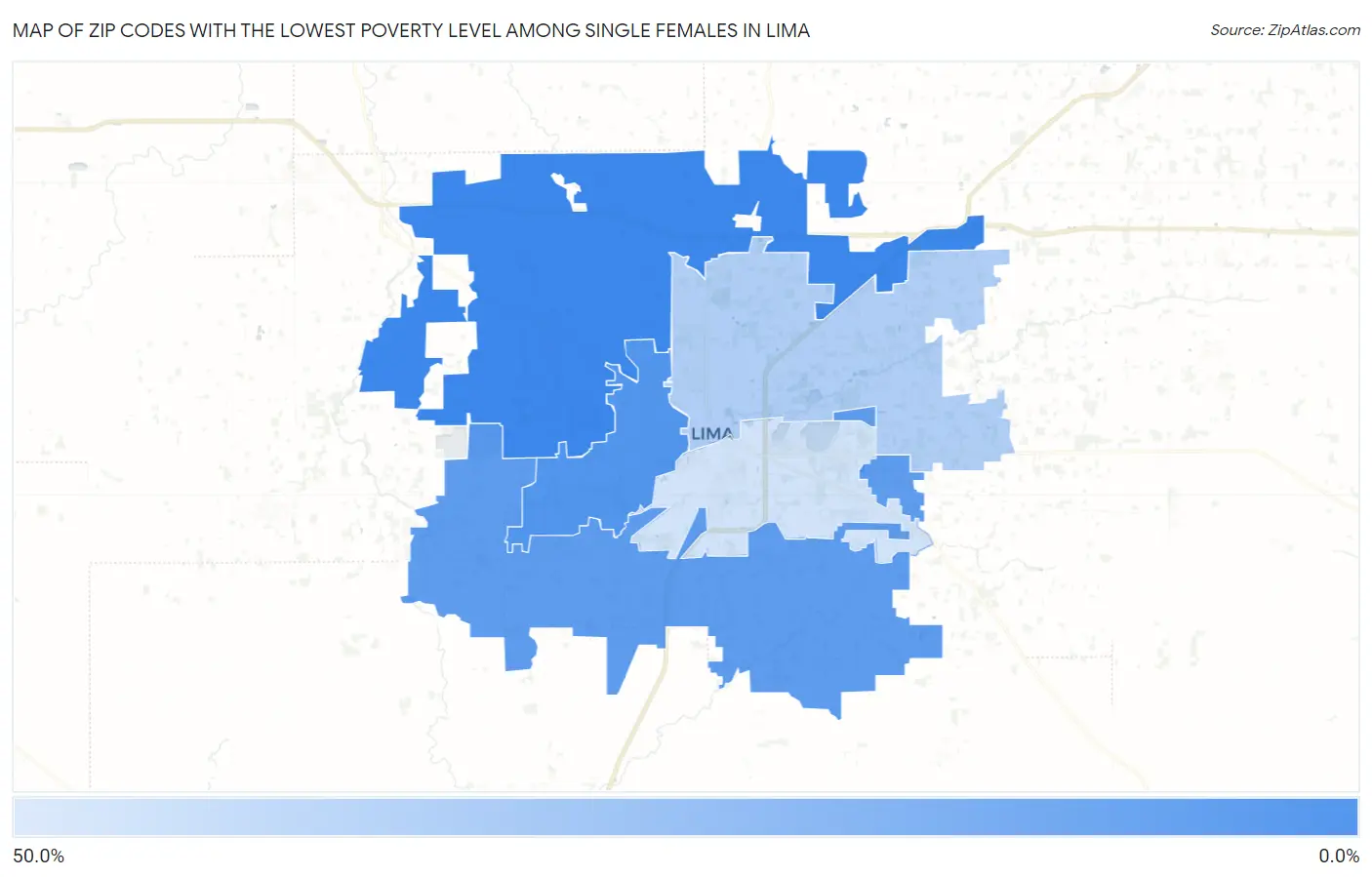 Zip Codes with the Lowest Poverty Level Among Single Females in Lima Map