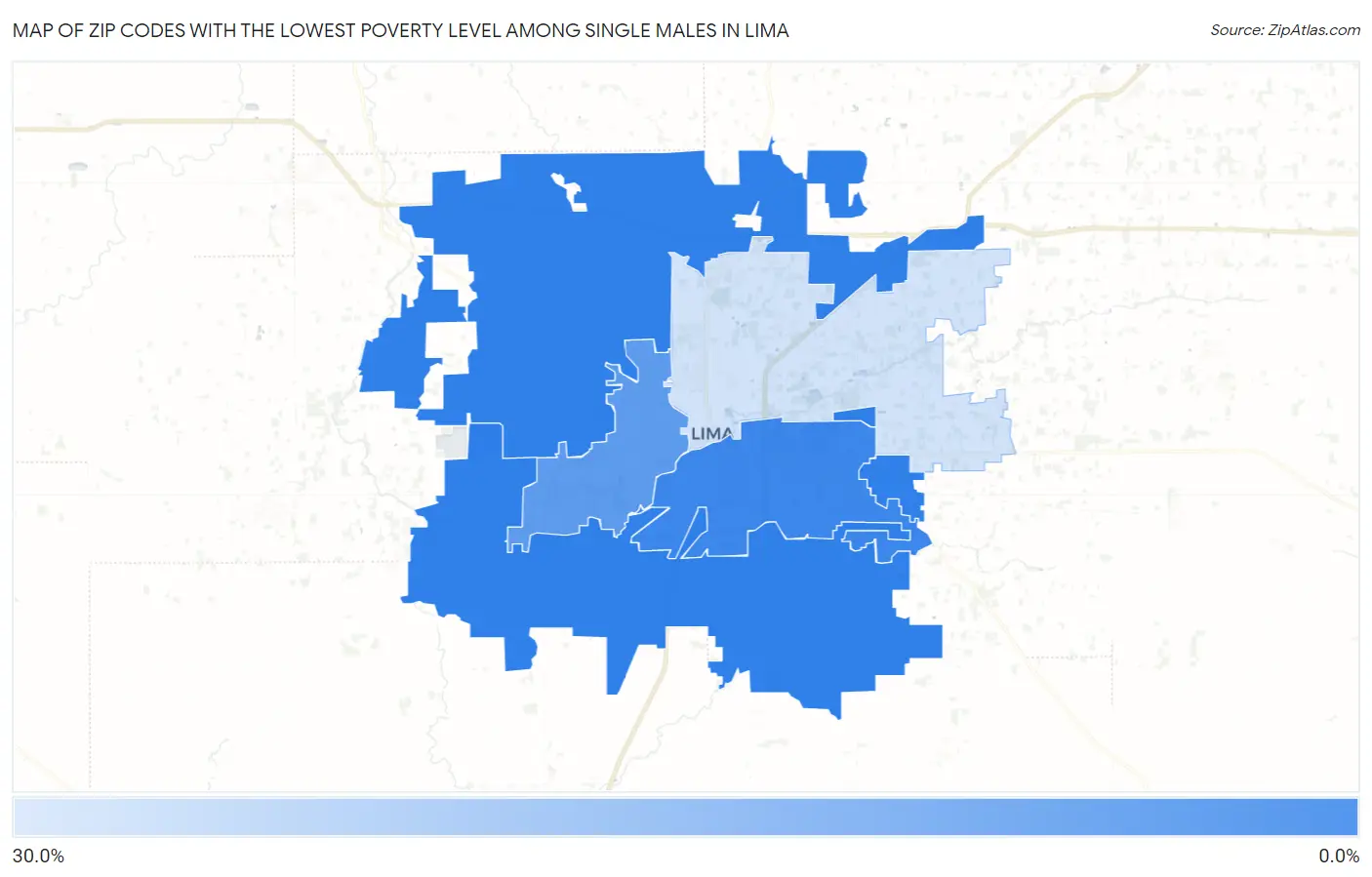 Zip Codes with the Lowest Poverty Level Among Single Males in Lima Map