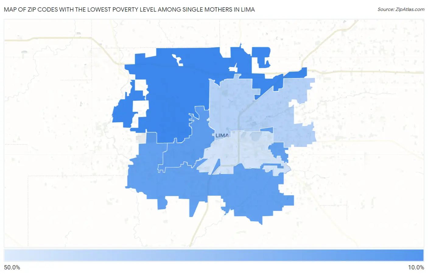 Zip Codes with the Lowest Poverty Level Among Single Mothers in Lima Map