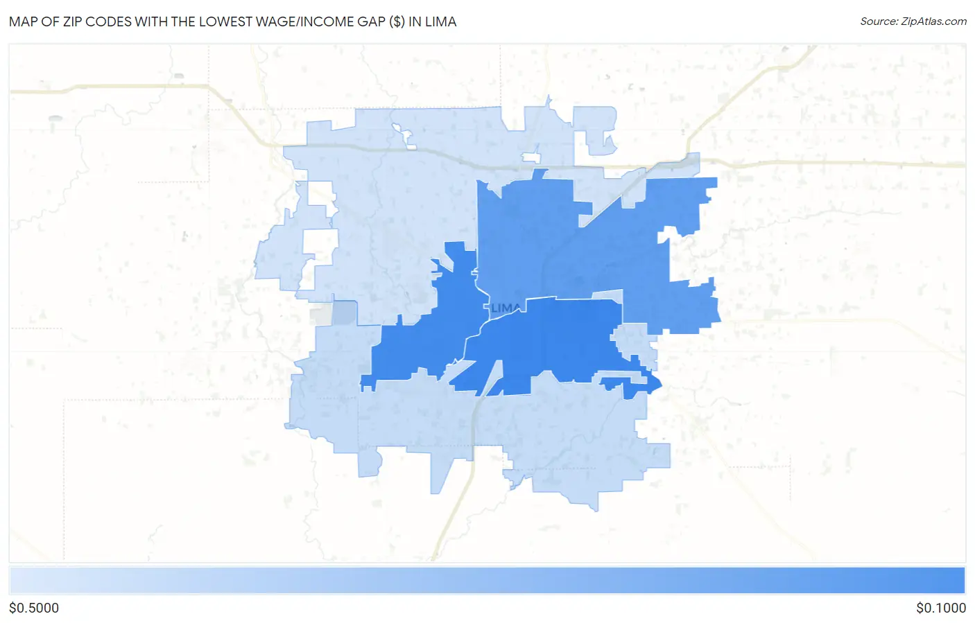 Zip Codes with the Lowest Wage/Income Gap ($) in Lima Map