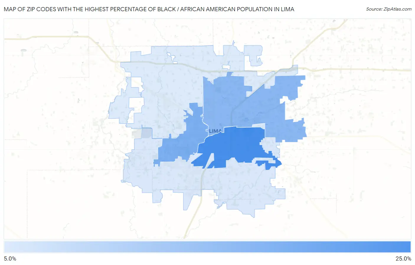 Zip Codes with the Highest Percentage of Black / African American Population in Lima Map