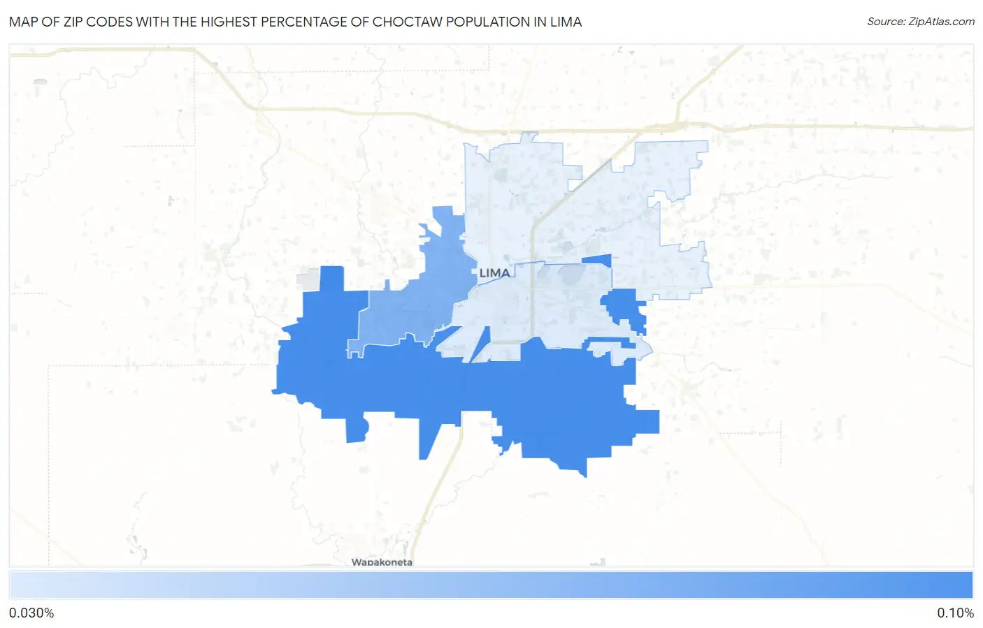 Zip Codes with the Highest Percentage of Choctaw Population in Lima Map