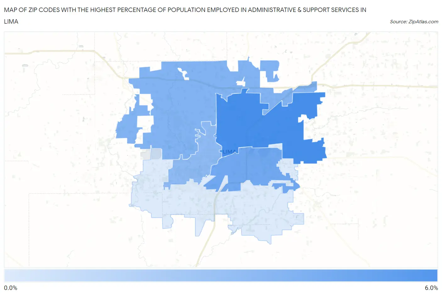Zip Codes with the Highest Percentage of Population Employed in Administrative & Support Services in Lima Map