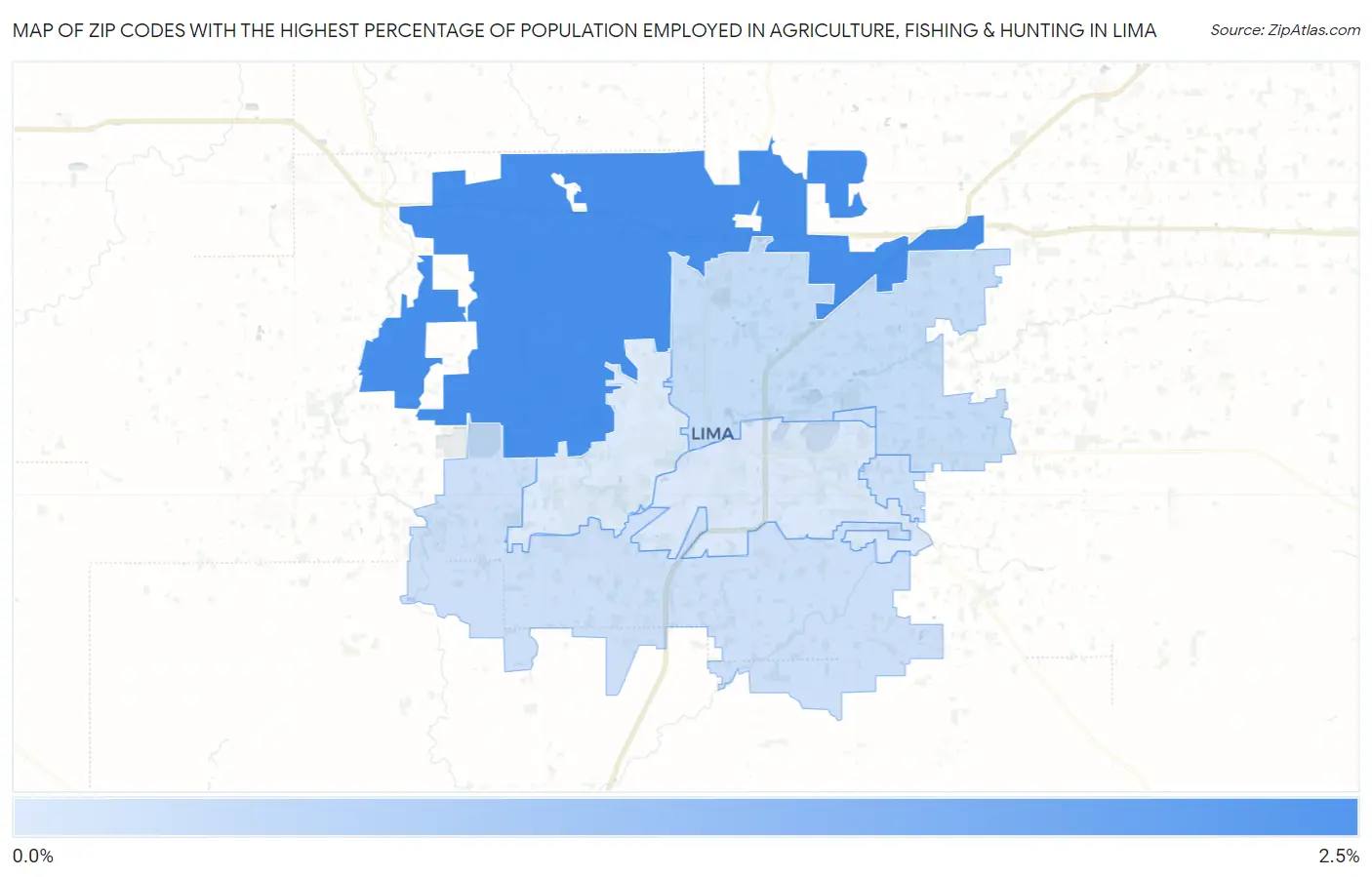 Zip Codes with the Highest Percentage of Population Employed in Agriculture, Fishing & Hunting in Lima Map