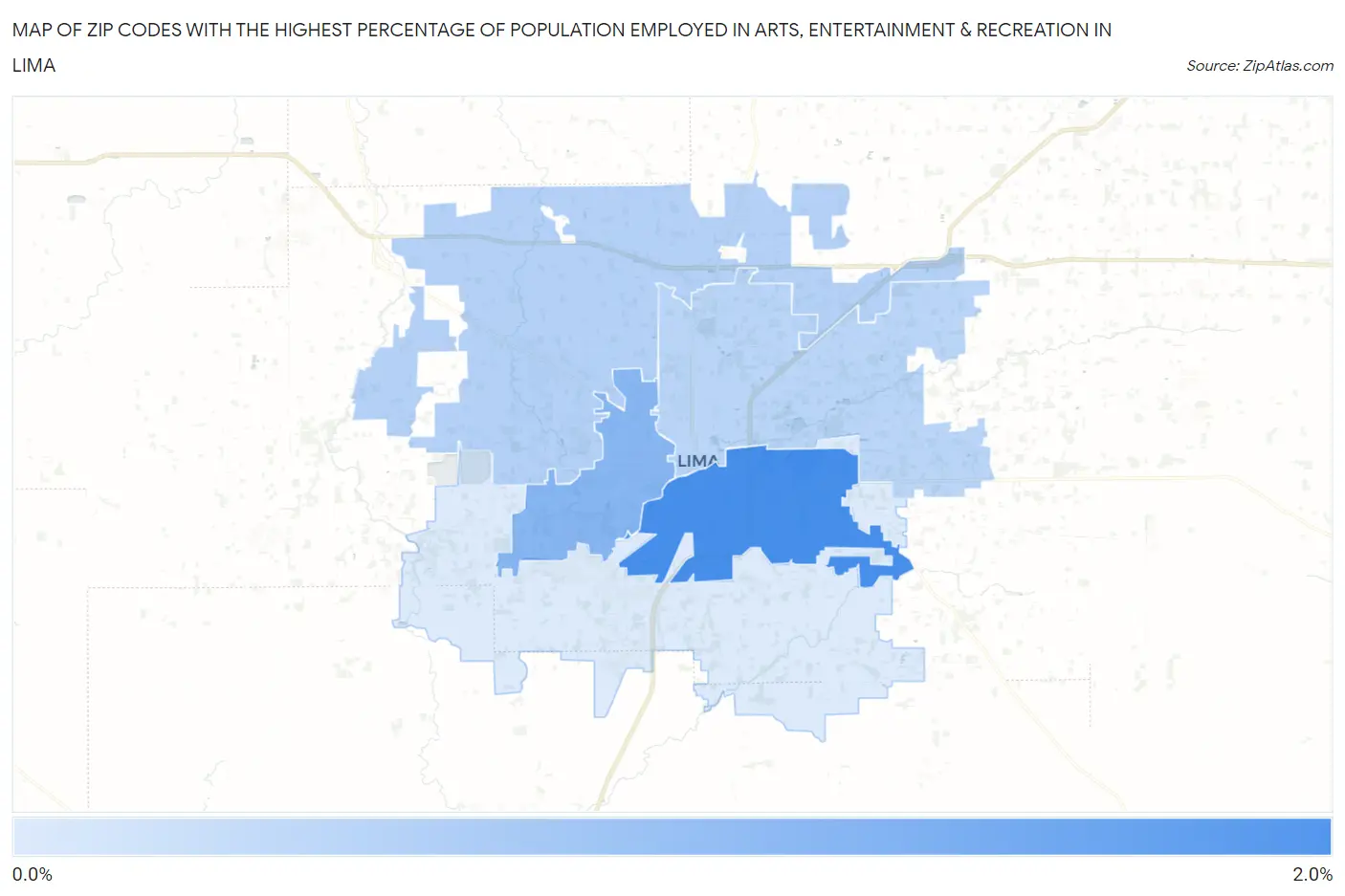 Zip Codes with the Highest Percentage of Population Employed in Arts, Entertainment & Recreation in Lima Map