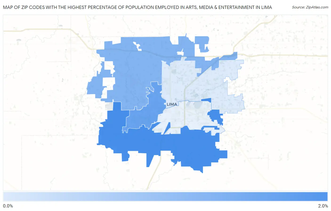 Zip Codes with the Highest Percentage of Population Employed in Arts, Media & Entertainment in Lima Map