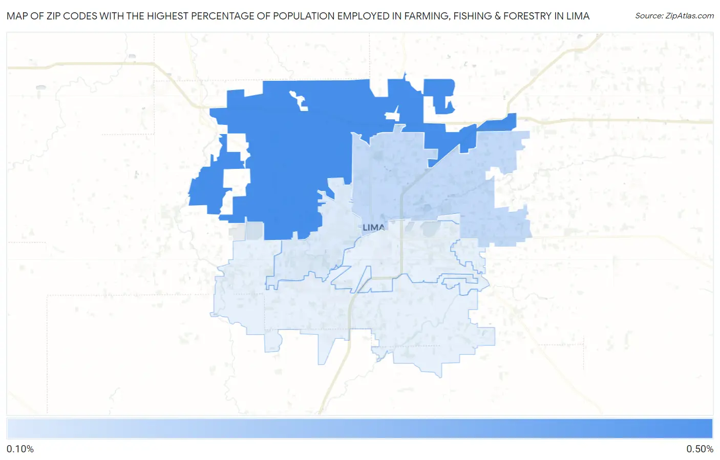 Zip Codes with the Highest Percentage of Population Employed in Farming, Fishing & Forestry in Lima Map