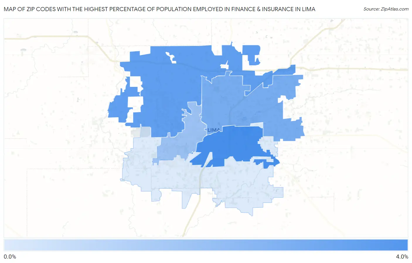 Zip Codes with the Highest Percentage of Population Employed in Finance & Insurance in Lima Map