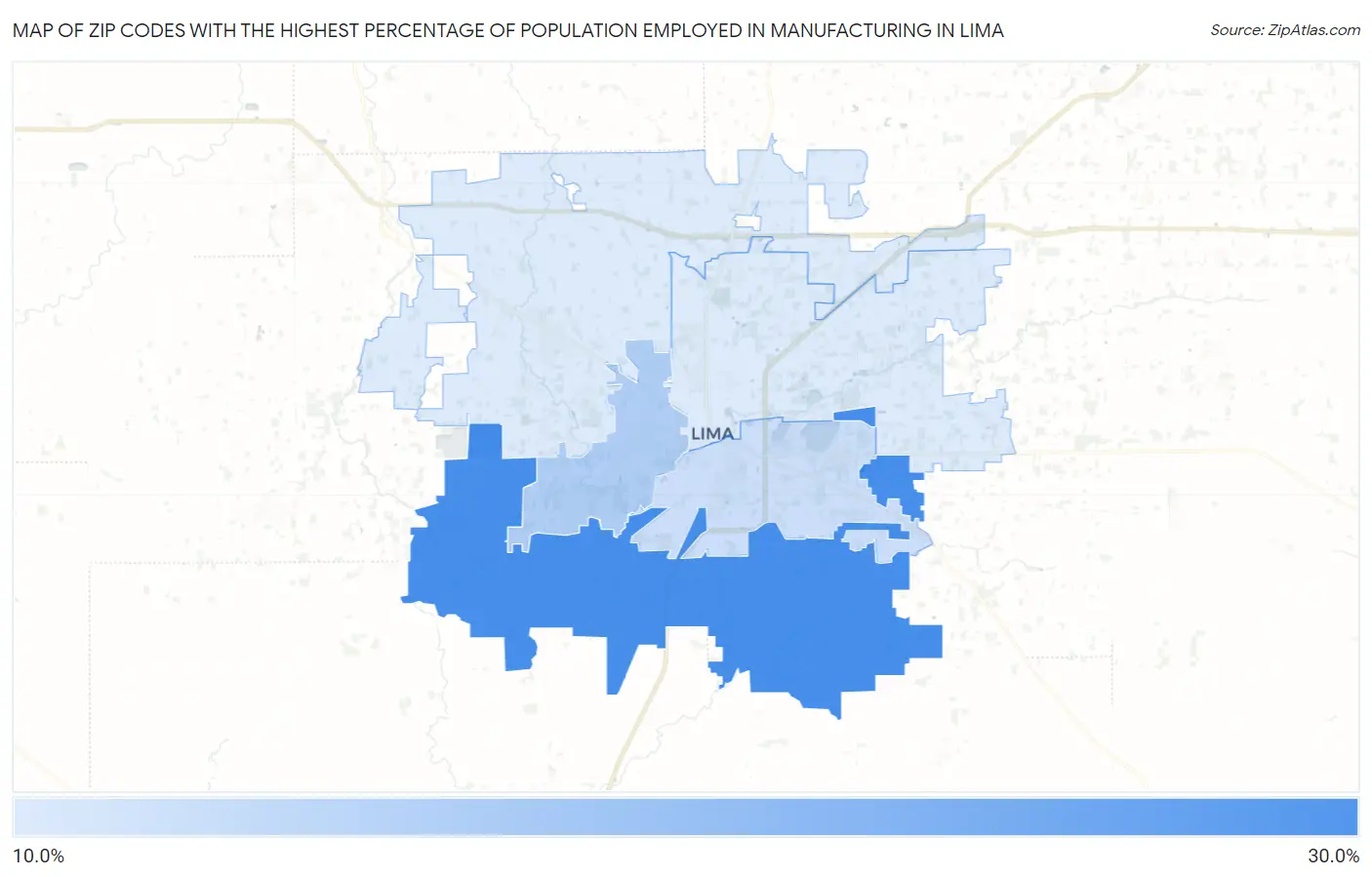 Zip Codes with the Highest Percentage of Population Employed in Manufacturing in Lima Map