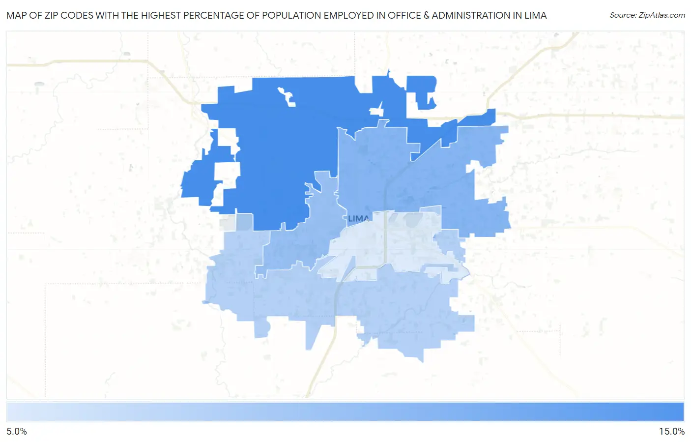 Zip Codes with the Highest Percentage of Population Employed in Office & Administration in Lima Map