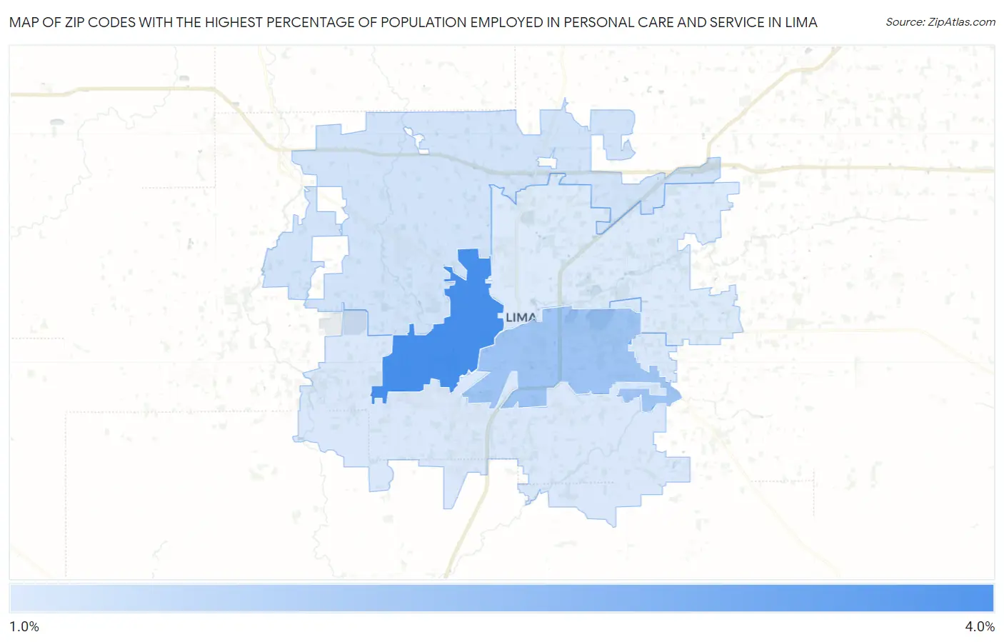 Zip Codes with the Highest Percentage of Population Employed in Personal Care and Service in Lima Map