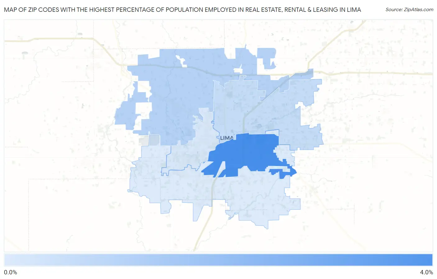 Zip Codes with the Highest Percentage of Population Employed in Real Estate, Rental & Leasing in Lima Map