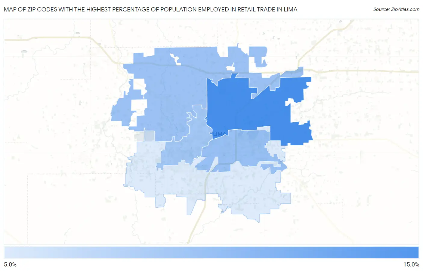 Zip Codes with the Highest Percentage of Population Employed in Retail Trade in Lima Map