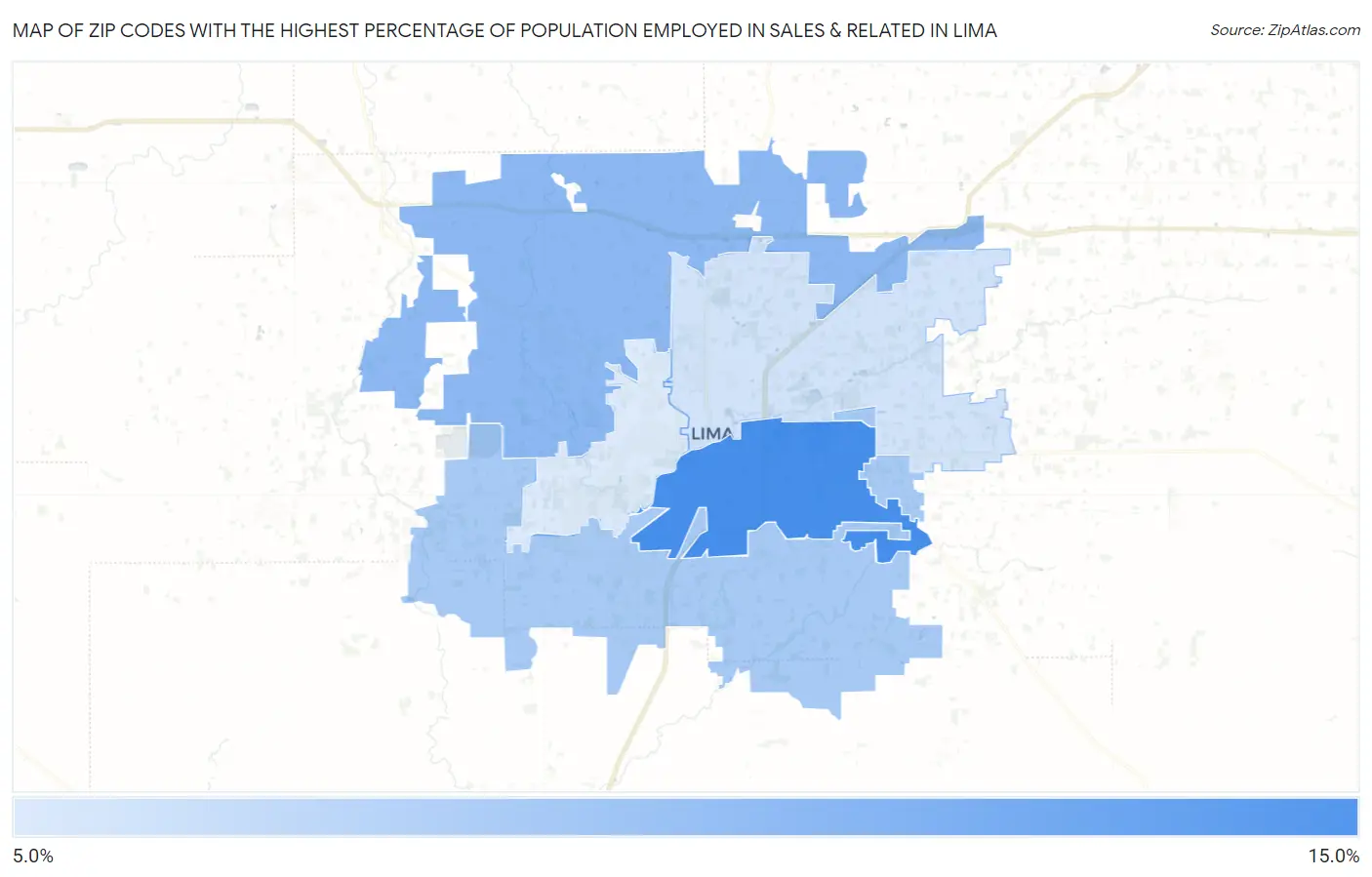 Zip Codes with the Highest Percentage of Population Employed in Sales & Related in Lima Map
