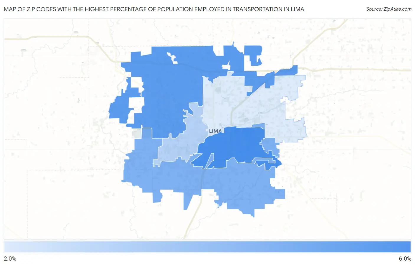Zip Codes with the Highest Percentage of Population Employed in Transportation in Lima Map