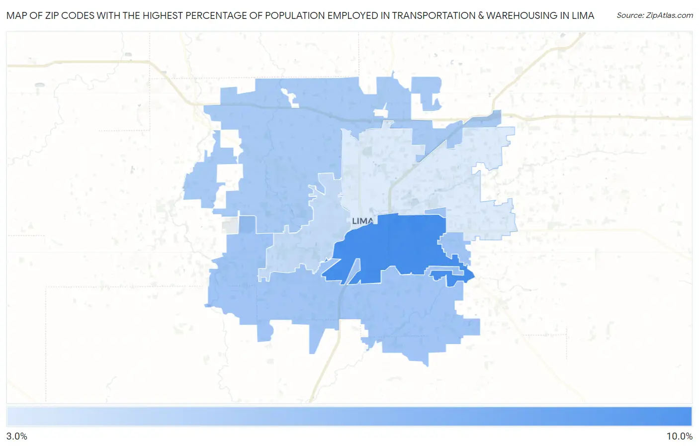 Zip Codes with the Highest Percentage of Population Employed in Transportation & Warehousing in Lima Map