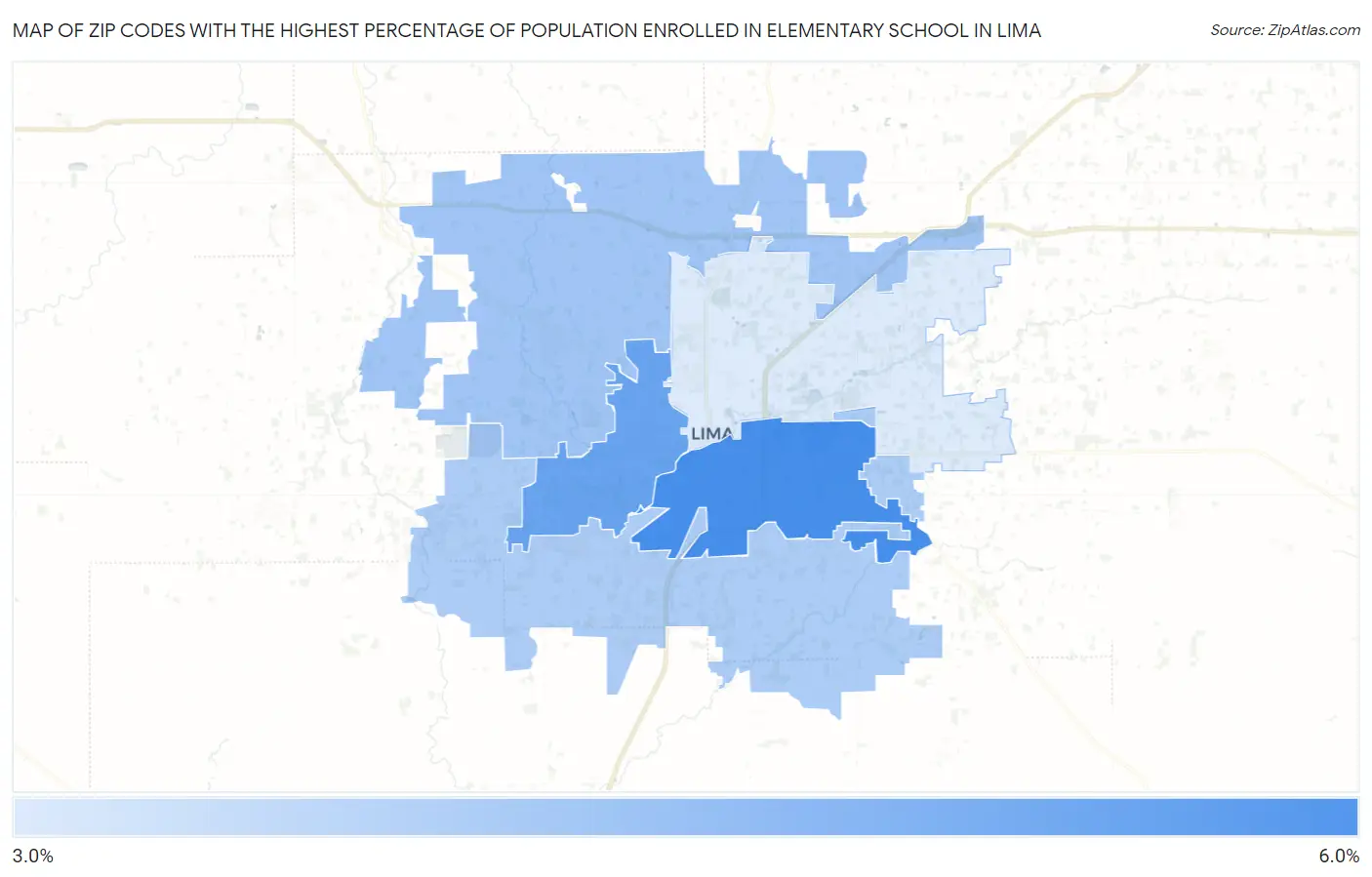 Zip Codes with the Highest Percentage of Population Enrolled in Elementary School in Lima Map