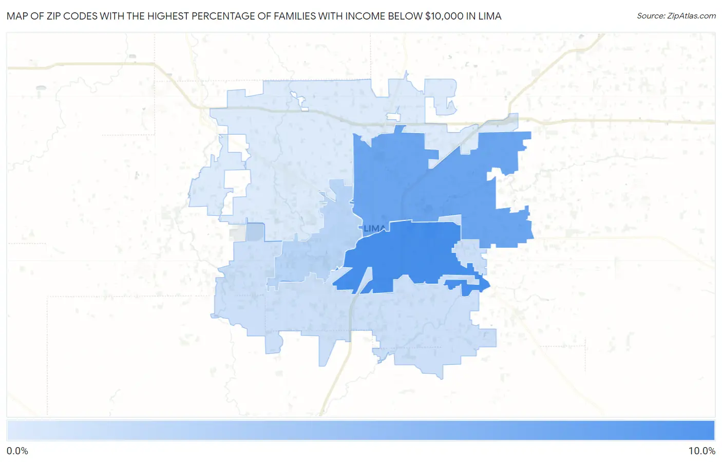 Zip Codes with the Highest Percentage of Families with Income Below $10,000 in Lima Map