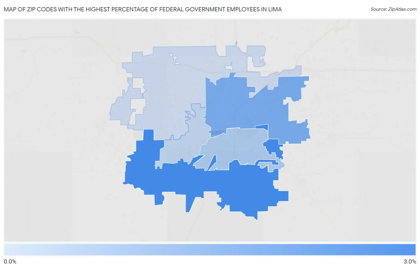 Zip Codes with the Highest Percentage of Federal Government Employees in Lima Map