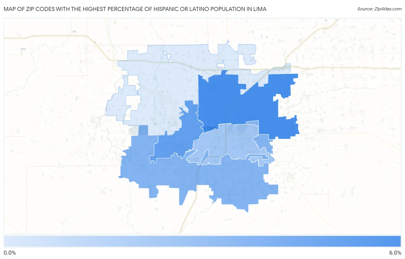 Zip Codes with the Highest Percentage of Hispanic or Latino Population in Lima Map