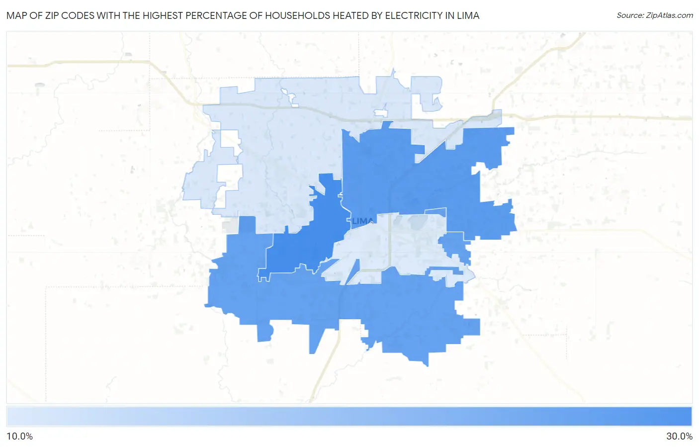 Zip Codes with the Highest Percentage of Households Heated by Electricity in Lima Map