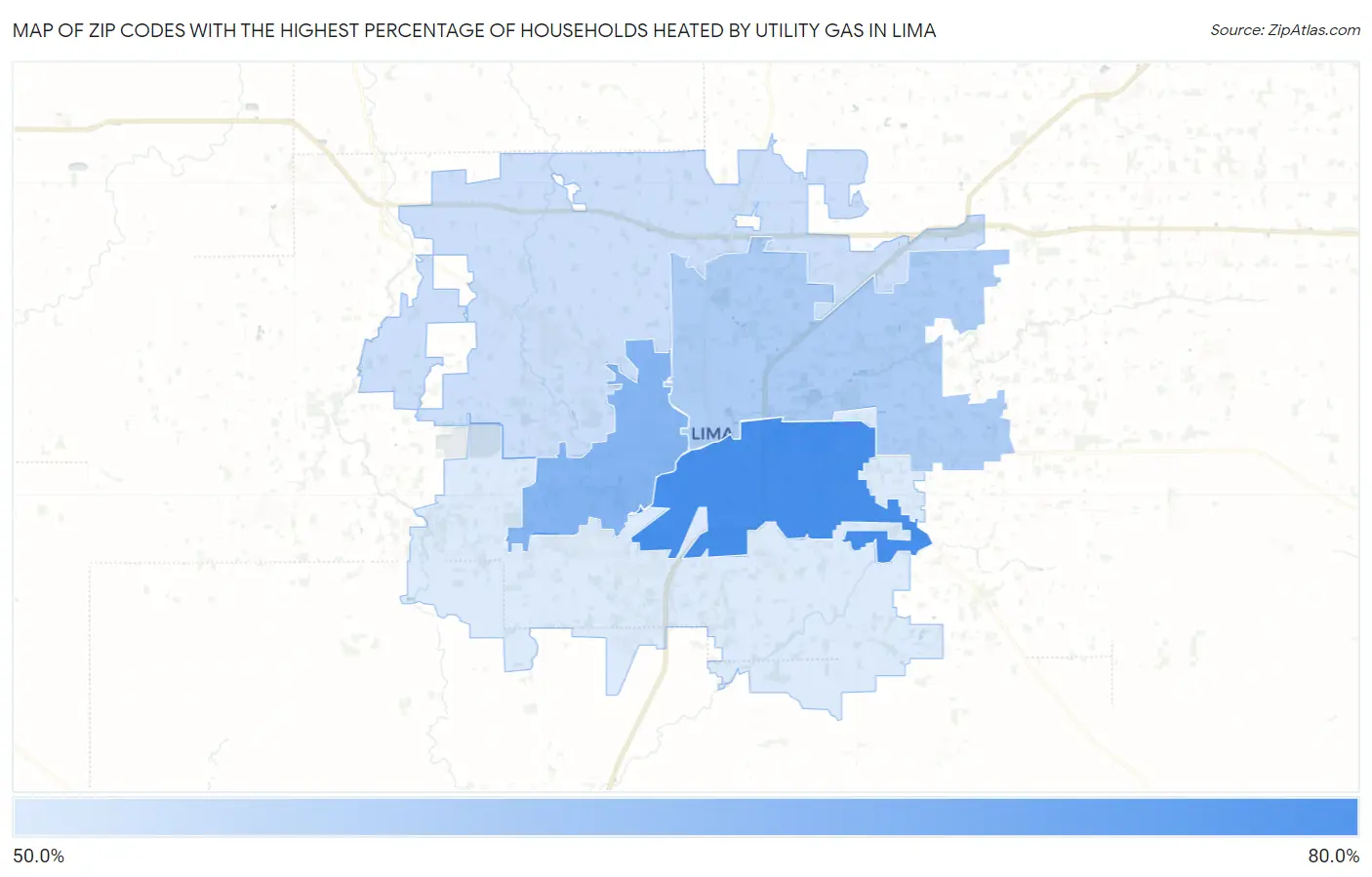 Zip Codes with the Highest Percentage of Households Heated by Utility Gas in Lima Map