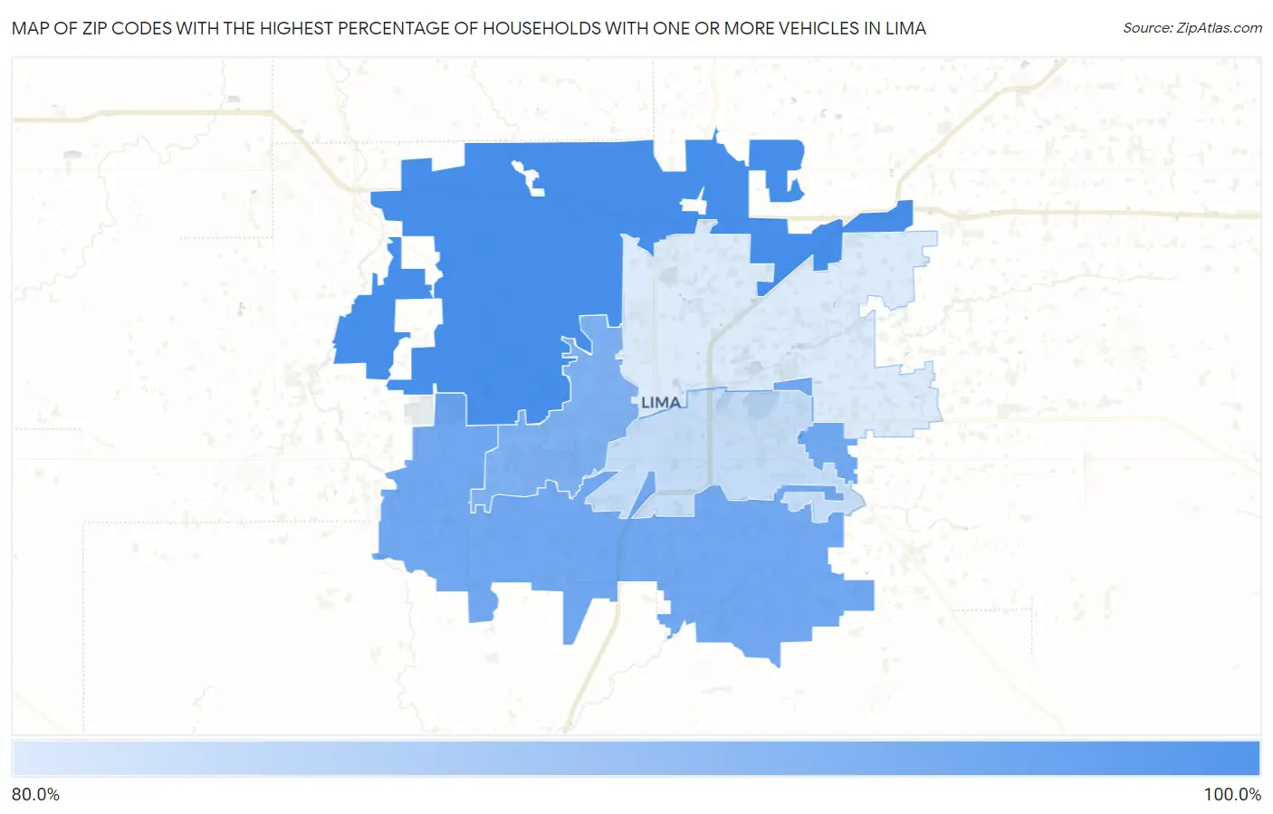 Zip Codes with the Highest Percentage of Households With One or more Vehicles in Lima Map