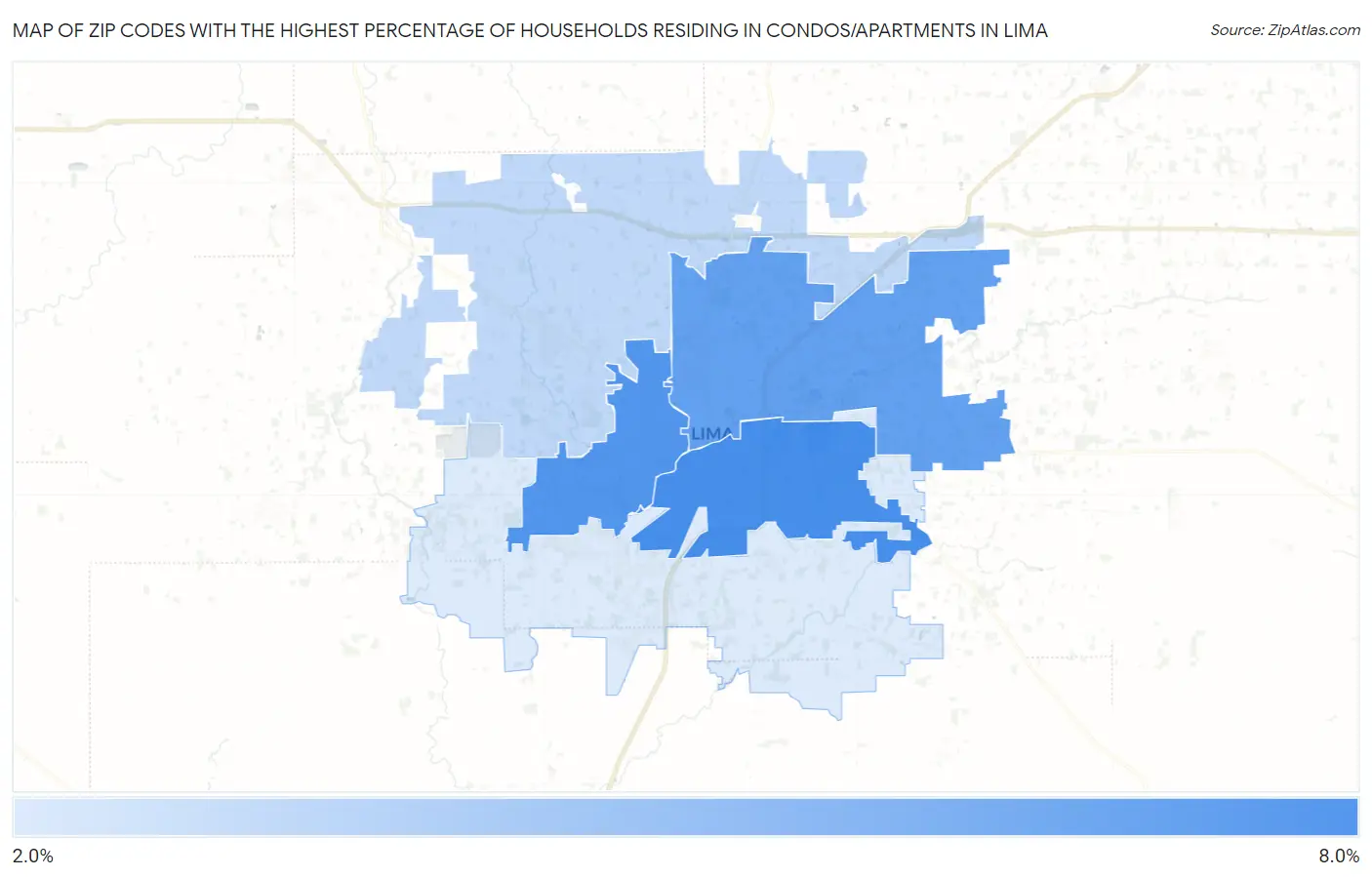 Zip Codes with the Highest Percentage of Households Residing in Condos/Apartments in Lima Map