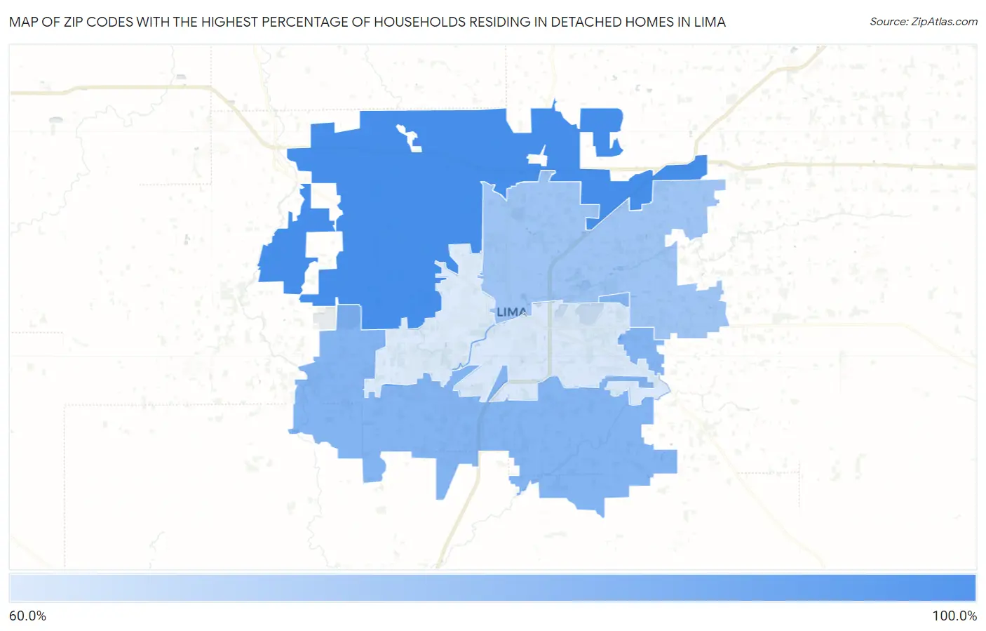 Zip Codes with the Highest Percentage of Households Residing in Detached Homes in Lima Map