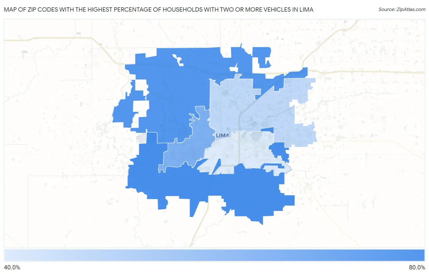 Zip Codes with the Highest Percentage of Households With Two or more Vehicles in Lima Map