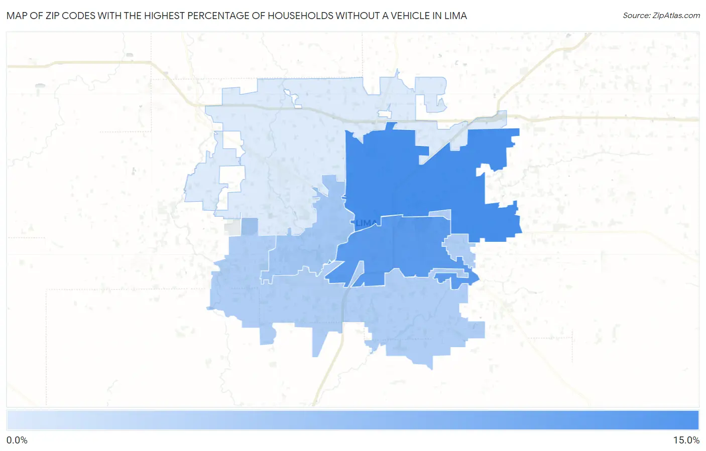 Zip Codes with the Highest Percentage of Households Without a Vehicle in Lima Map