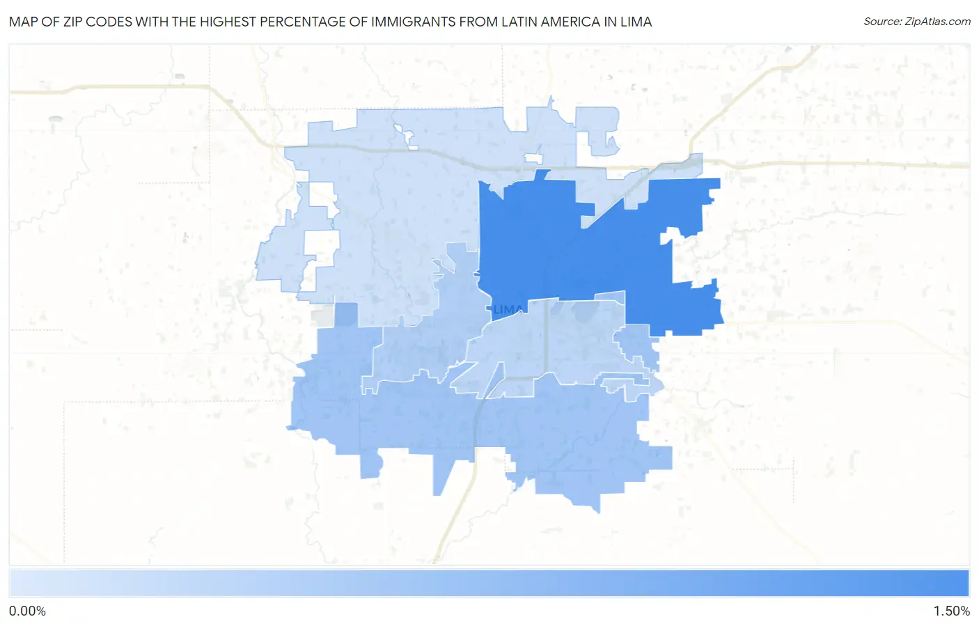 Zip Codes with the Highest Percentage of Immigrants from Latin America in Lima Map