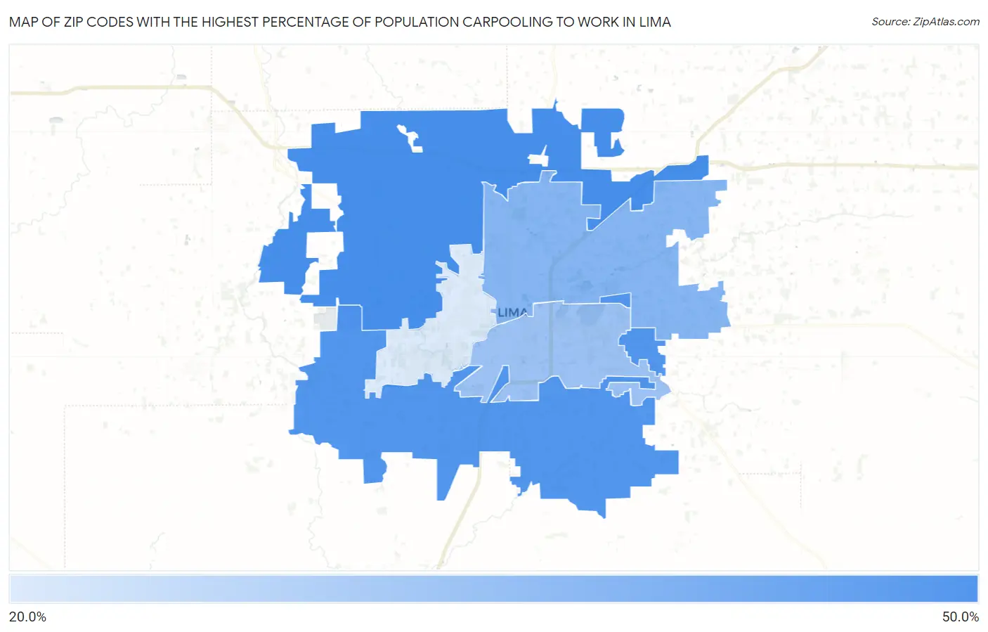 Zip Codes with the Highest Percentage of Population Carpooling to Work in Lima Map