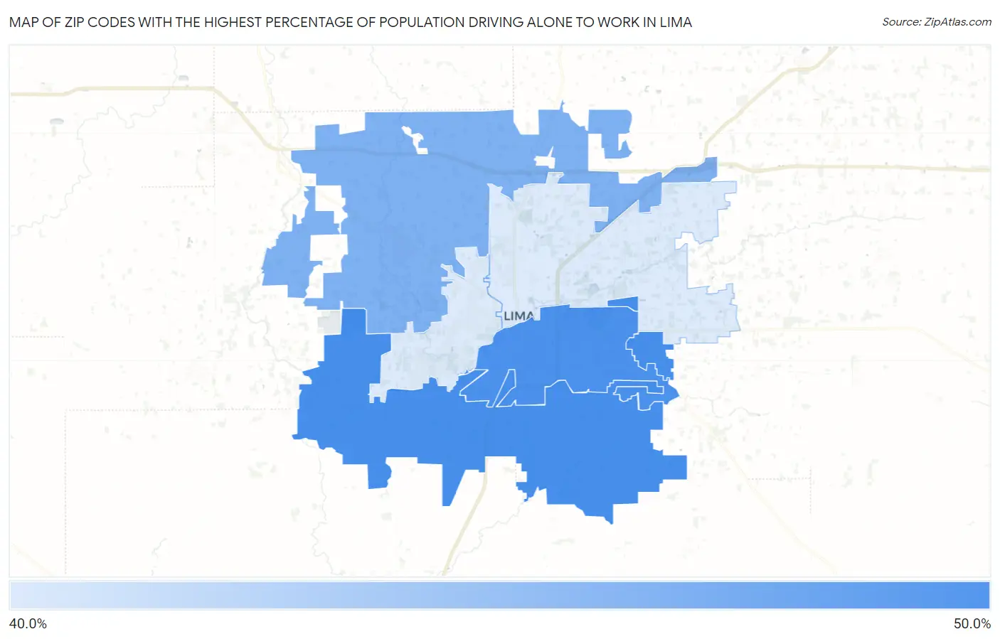 Zip Codes with the Highest Percentage of Population Driving Alone to Work in Lima Map