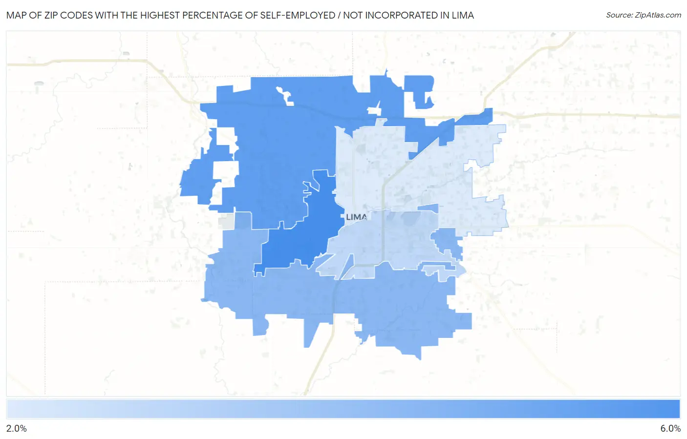 Zip Codes with the Highest Percentage of Self-Employed / Not Incorporated in Lima Map