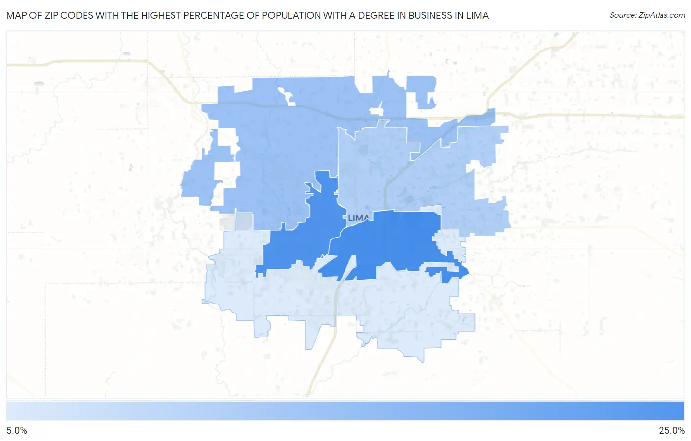 Zip Codes with the Highest Percentage of Population with a Degree in Business in Lima Map