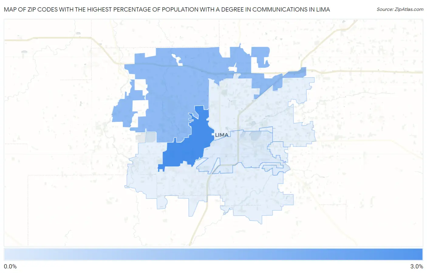 Zip Codes with the Highest Percentage of Population with a Degree in Communications in Lima Map