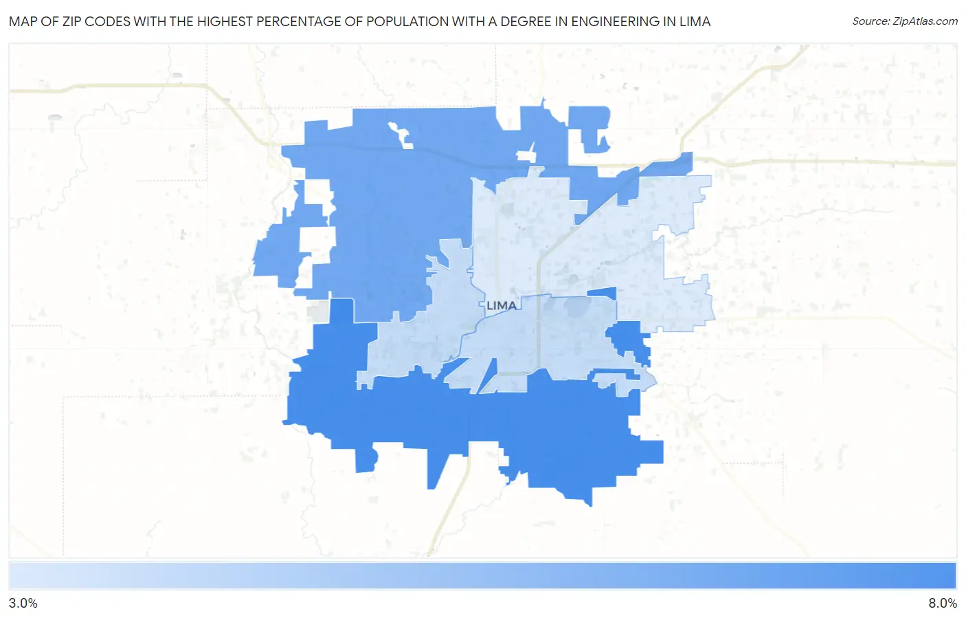 Zip Codes with the Highest Percentage of Population with a Degree in Engineering in Lima Map