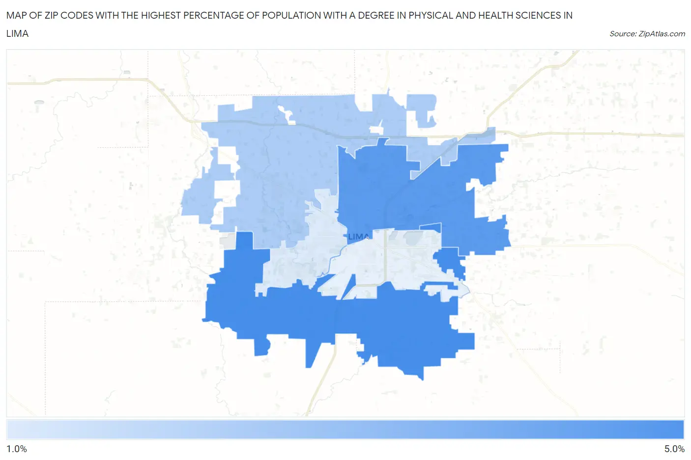 Zip Codes with the Highest Percentage of Population with a Degree in Physical and Health Sciences in Lima Map